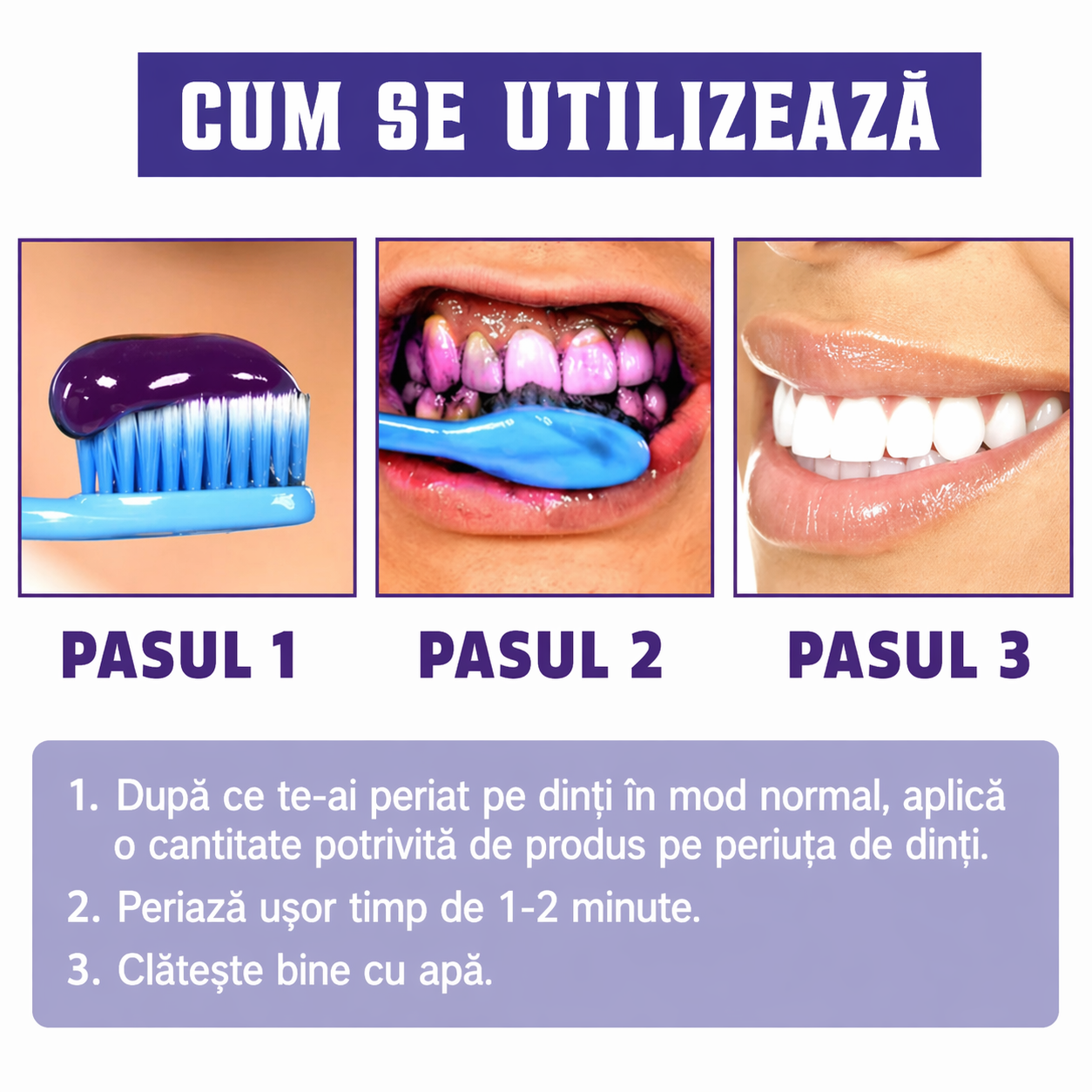 Pastă de Dinți Mov pentru Albire Instantă – Efect Vizibil în 60 Secunde